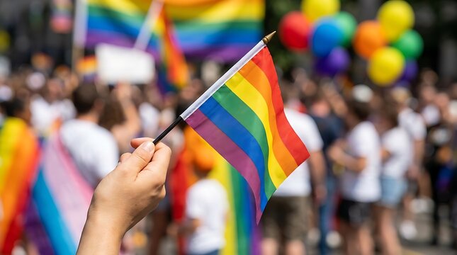 A hand holds a small rainbow flag at a Pride parade, with a crowd and balloons in the background.