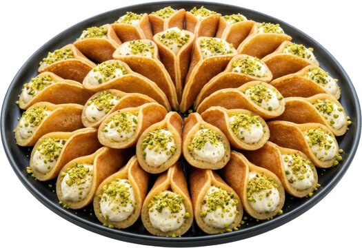 A large round platter filled with golden brown Qatayef a traditional Middle Eastern dessert generously stuffed with sweet cream and sprinkled with chopped green pistachios 183 characters