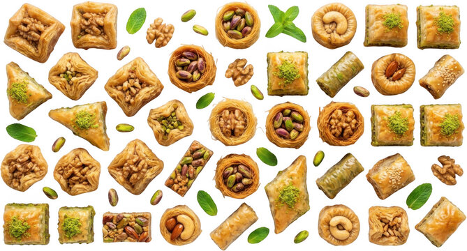 An assortment of golden brown baklava pastries with nuts and pistachios alongside mint leaves and walnuts displayed in a variety of shapes and arrangements pastry dessert