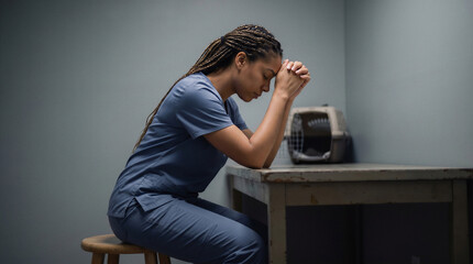 Fototapeta premium A veterinarian sits at a desk with her hands clasped in prayer or contemplation. A pet carrier is visible in the background.