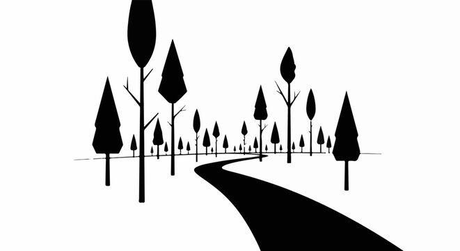 Stylized silhouetted forest with a winding path leading into it