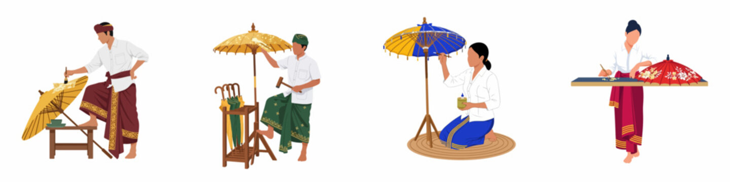 Set of Balinese Artisans Handcrafting and Decorating Traditional Ceremonial Umbrellas in a Flat Illustration Style isolated on White.