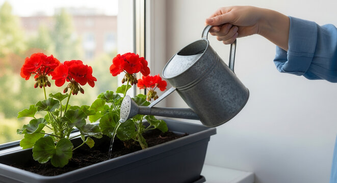 Person's hand watering red geraniums in window box with metal watering can, home gardening and plant care