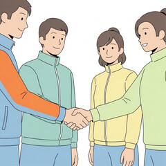 Fototapeta premium Four young people shaking hands and smiling in colorful jackets 