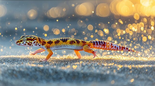 Close-Up Of A Leopard Gecko Under Soft Light Dreamy Bokeh Background Macro Photography
