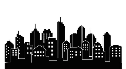 Obraz premium Black and white silhouette of a modern city skyline with various buildings and skyscrapers against a clear background, representing urban life and architecture.