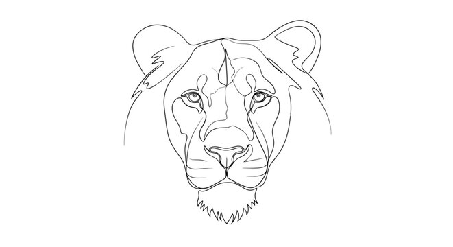 Abstract continuous one line drawing of a powerful lioness head looking forward, minimalist African wildlife art illustration