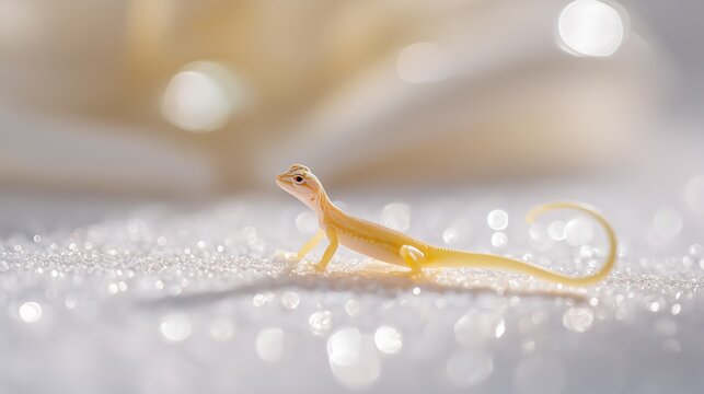 Close-Up Of A Pale Yellow Lizard Under Soft Light Dreamy Bokeh Background Macro Photography