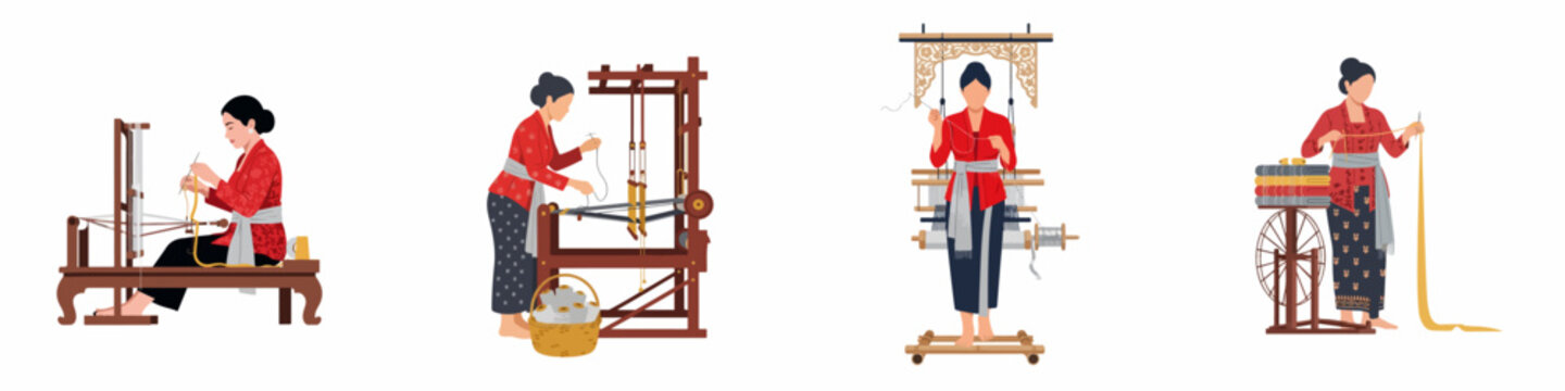 Set of Indonesian Women Weaving Traditional Textiles on Wooden Looms, Flat Vector Illustration Isolated on White Background