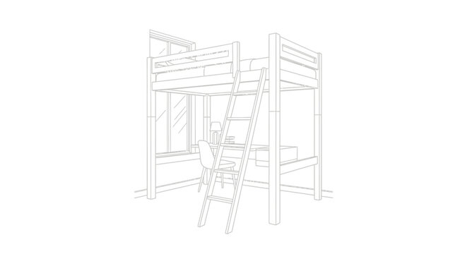Minimalist line art illustration of a bunk bed with integrated study desk and chair, ideal for compact bedroom and children's room.