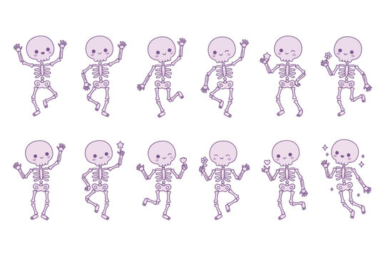 Cute purple cartoon skeletons dancing in various fun poses and movements together