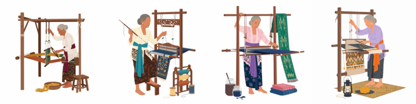Set of illustrations depicting elderly women in traditional attire weaving intricate fabrics on wooden handlooms, showcasing Southeast Asian heritage and craftsmanship.
