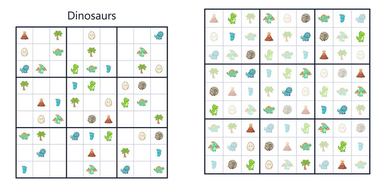 Dinosaurs sudoku puzzle game with cute prehistoric creatures and elements, logic challenges and educational activity for children