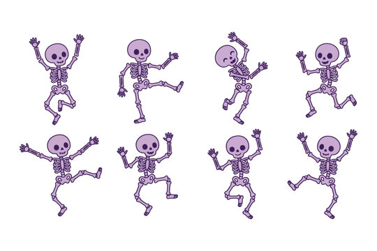 Set of purple dancing skeletons in various poses on white background