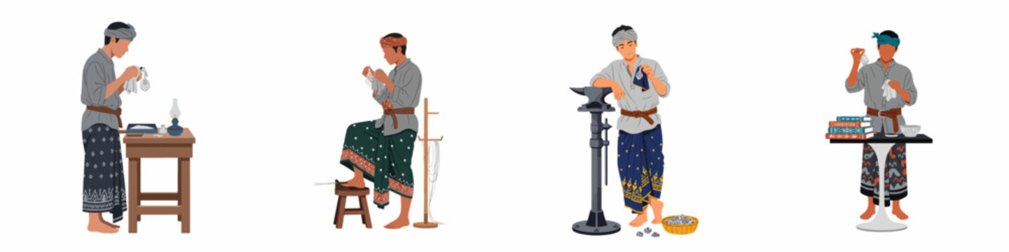 Set of illustrations depicting traditional Balinese silversmiths crafting handmade jewelry, showing different stages of the artisanal process in a workshop setting.
