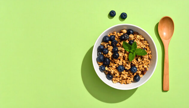 Bowl de granola con ar&aacute;ndanos frescos y cuchara de madera sobre fondo verde menta