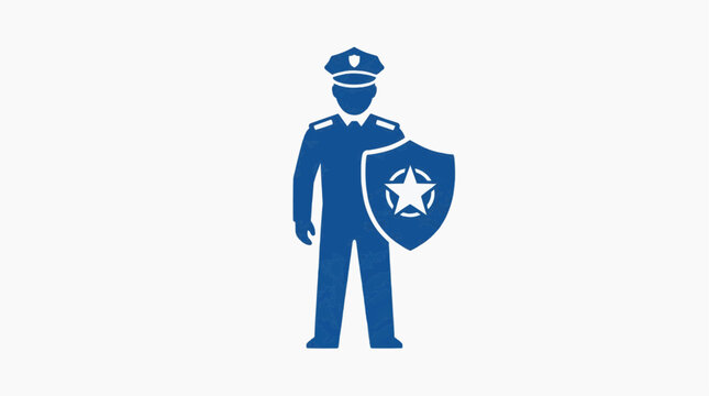 Law Enforcement Icon: A blue silhouette of a police officer stands ready, shield in hand, symbolizing protection and order.