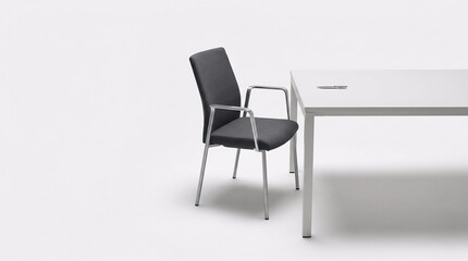 Obraz premium Minimalist Modern Office Setup with Charcoal Armchair, White Desk, and Pen on a Clean White Background - Professional Workspace Concept