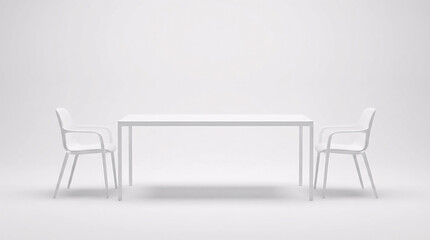 Fototapeta premium Minimalist White Meeting Table and Two Matching Modern Chairs in a Bright Clean Studio - Professional Office Furniture for Workspace Concepts