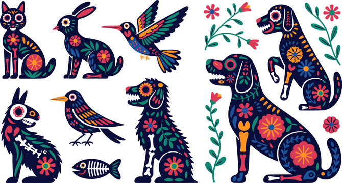 Mexican Day of the Dead Dia de los Muertos Alebrijes Animal Set with Decorated Cat Dog Bird Rabbit and Fish Bone Ornaments for Traditional Holiday Graphic Designs
