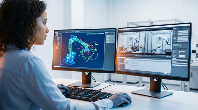 Robotics engineer reviewing motion path simulation on a split-screen workstation where one panel shows CAD skeleton and the other shows live