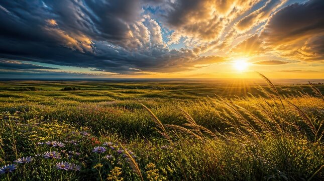 A wide angle perspective of a wildflower strewn meadow meeting a golden horizon, captured in stunning detail with vibrant sunset light across the rolling hills and cinematic landscape vista.