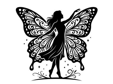 Black silhouette of a fairy with intricate butterfly wings.