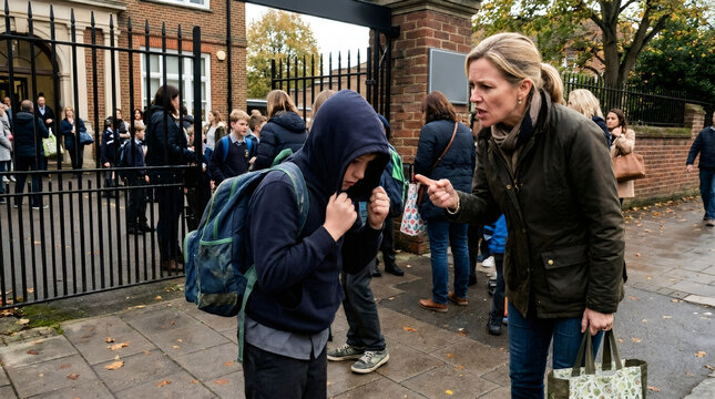 Angry woman scolding young boy with school backpack outside entrance of building. Conflicts in parenting and education. Upset student and parent interaction during school drop off time.