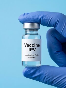 A gloved hand holds a vial labeled Vaccine IPV, Inactivated Polio Vaccine. This image symbolizes medical advancements and public health efforts against polio.