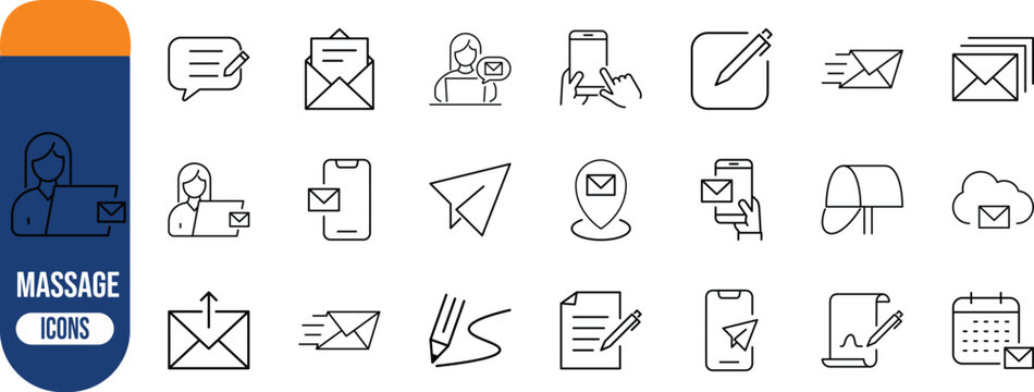 Email message communication outline vector. envelope icon set, phone icon set, pen icon set