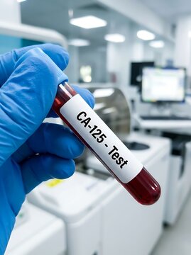 A hand in a blue glove holds a test tube labeled CA-125 - Test filled with a red liquid, in a laboratory setting