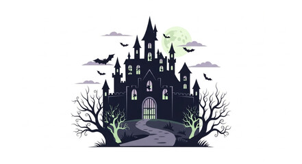 Spooky Halloween Castle with Bats and Full Moon. © Mutmainah