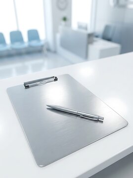Clipboard with pen on desk in waiting room