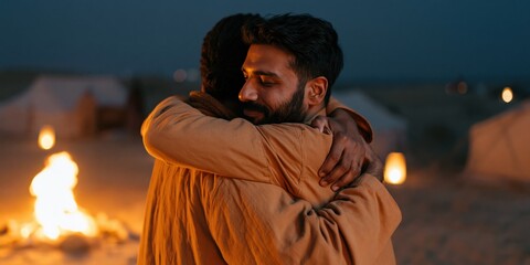 Obraz premium Two men hugging by campfire at desert campsite night