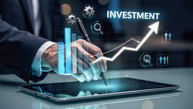 Businessman Hand Drawing Holographic Investment Growth Chart on Tablet