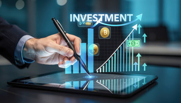 Businessman Hand Drawing Holographic Investment Growth Chart on Tablet