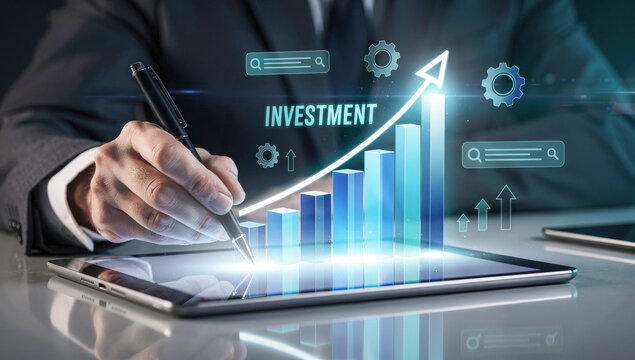 Businessman Hand Drawing Holographic Investment Growth Chart on Tablet
