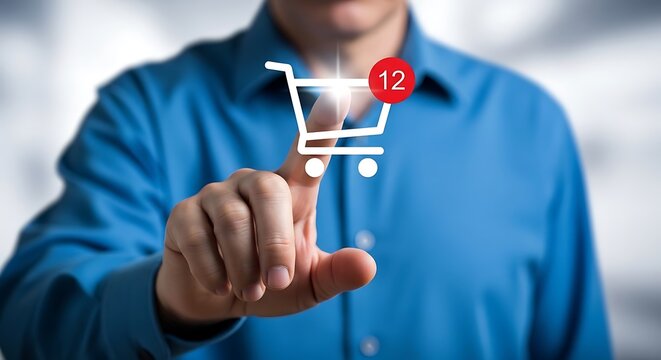 Man interacting with digital shopping cart icon and notification on a touchscreen interface