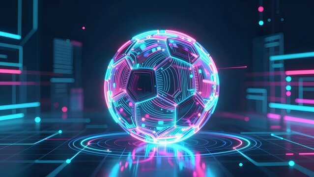 21. [STYLE] of futuristic glowing abstract football on digital pitch showing hyper-tech concept with neon fiber-optic lines, translucent polymer, self-illuminating grid lighting, electric cyan and syn