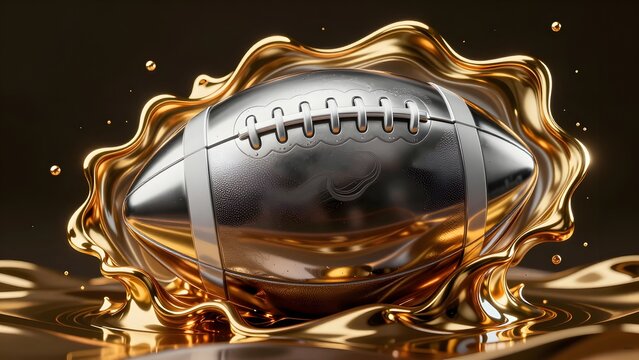 23. [STYLE] of fluid liquid metal explosion forming a football silhouette showing dynamic motion with glossy chrome, molten gold waves, high-rebound studio flash lighting, reflective silver and rich b