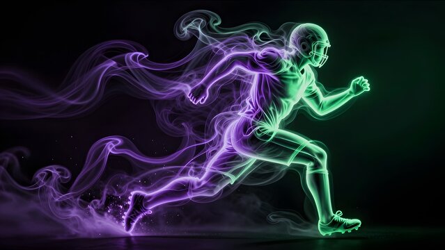 24. [STYLE] of abstract smoke art shaping into running football player showing speed with ethereal vapor trails, swirling colorful gas particles, dramatic backlighting, neon purple and glowing electri