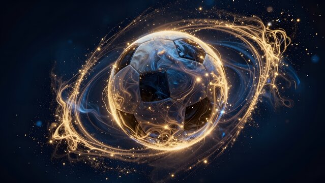 38. [STYLE] of abstract particle wave forming a spinning soccer ball showing physics with millions of tiny glowing dust motes, fluid energy curves, stellar nebulae lighting, deep space navy blue and g