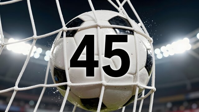 45. [STYLE] of macro view of a soccer ball spinning inside the goal net showing score moment with white nylon net mesh, textured composite ball surface, high-speed flash strobe lighting, contrast whit