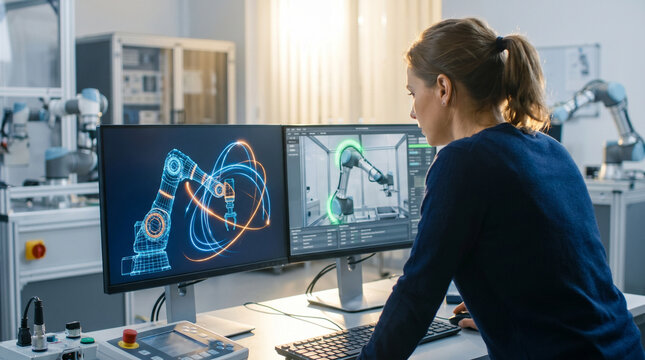 Robotics engineer reviewing motion path simulation on a split-screen workstation where one panel shows CAD skeleton and the other shows live 2