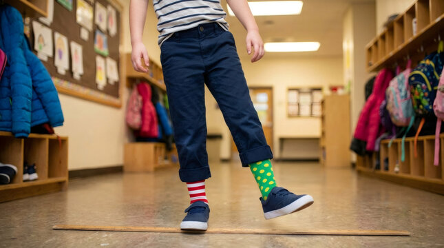 Child wearing mismatched colorful socks standing on floor in school corridor. Student showing original style and individuality. Expression of personality and fun mood in education.