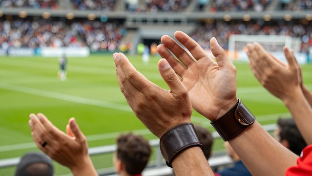 97. [STYLE] of close-up of football fan hands clapping excitedly showing rhythm with leather wristbands, cotton sleeve fabric, bright field match lighting, warm skin tones and bright grass greens, blu