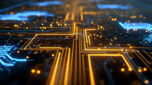 Tracking Forward View of Neon Data Streaming on Tech Circuit Board Matrix (AI Generated)