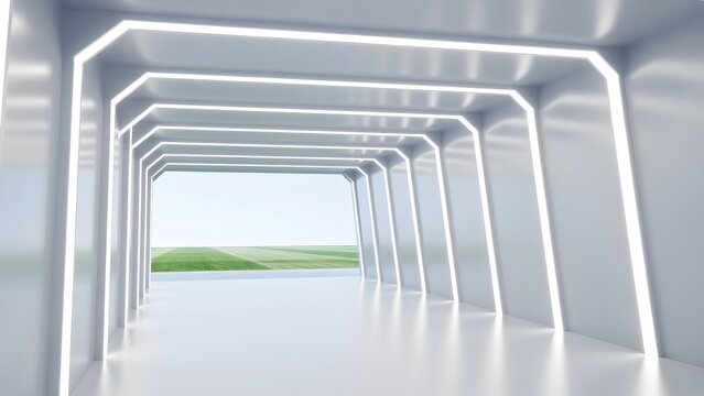 117. [STYLE] of wide shot of empty futuristic football player tunnel showing modern design with geometric LED arches, brushed aluminum walls, self-illuminating white light, clean minimal white and hig