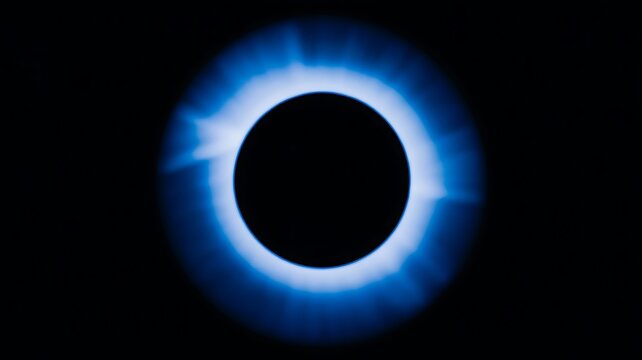 Solar eclipse, annular eclipse, blue corona, black background, astronomy image