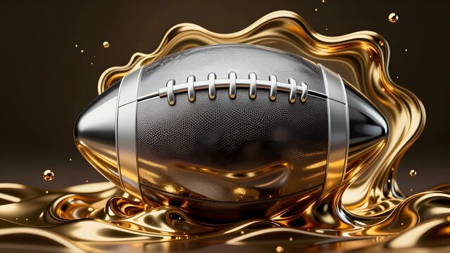199. [STYLE] of fluid liquid metal explosion forming a football silhouette showing creativity with glossy chrome, molten gold waves, high-rebound studio flash lighting, reflective silver and rich bron
